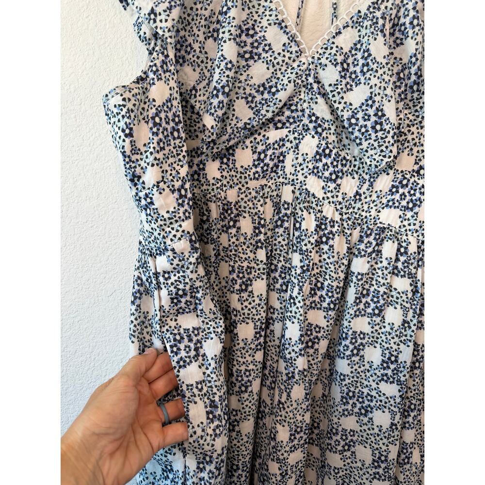 Anthropologie V-Neck Plunge Tunic Mini Dress Blue Motif Ruffle Boho XL - Picture 8 of 9